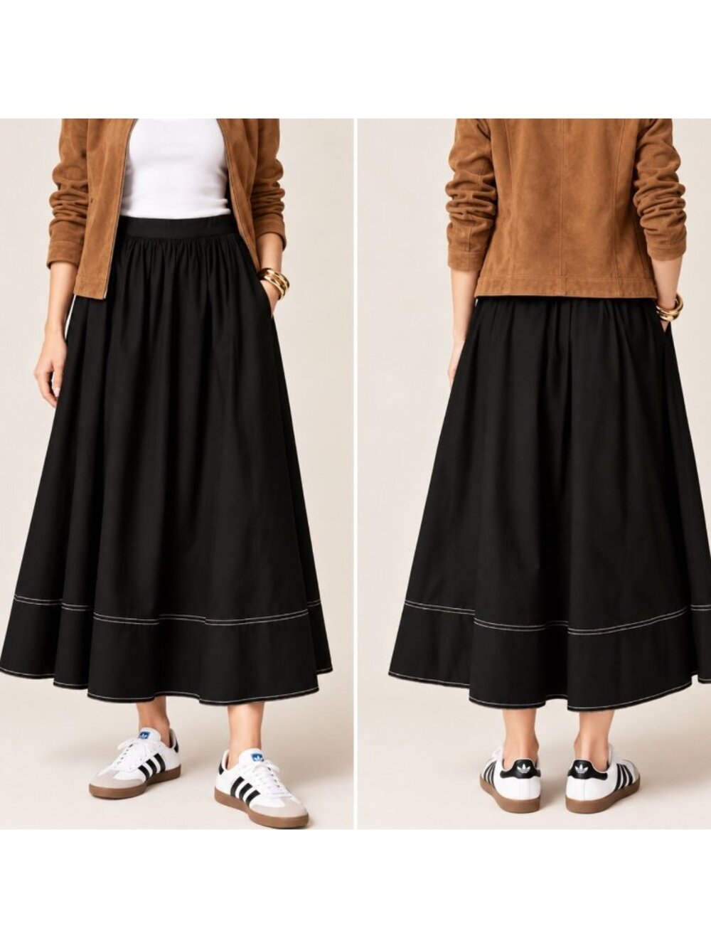 J.Crew Skirt Women's 4 Black Cotton Poplin Smocked Midi Contrast Stitch Preppy